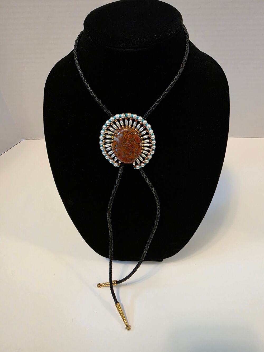 Vtg Native American-Style Jasper Agate Beaded Frame Western Style Bolo Tie Black